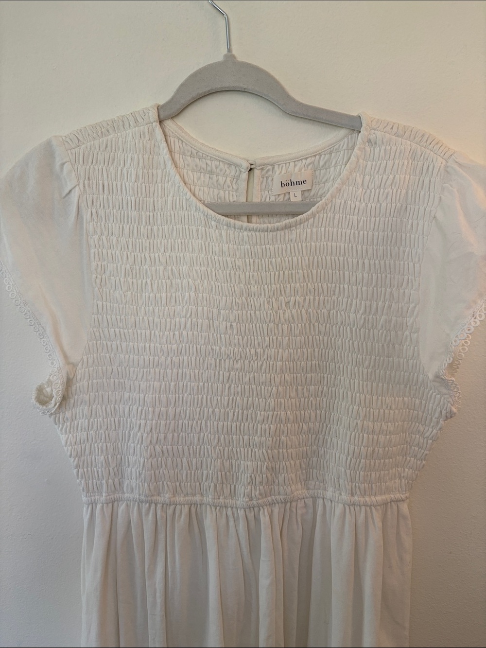 NWOT! Bohme Cream Smocked Bodice Midi Dress with Short Sleeves Lined Cotton